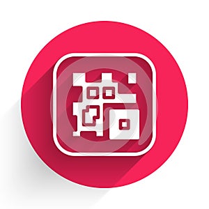 White QR code sample for smartphone scanning icon isolated with long shadow. Red circle button. Vector