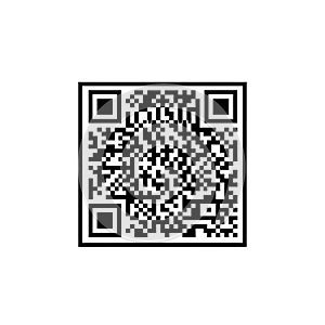 White QR code situated on a plain white background. The code