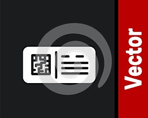 White QR code ticket train icon isolated on black background. Vector
