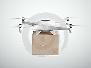 White quadrocopter carrying carton box. 3d rendering