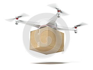 White quadrocopter carrying carton box