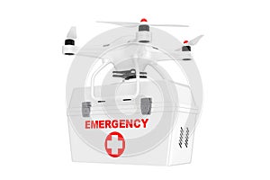 White Quadrocopter Drone with Emergency Medical Kit. 3d Rendering