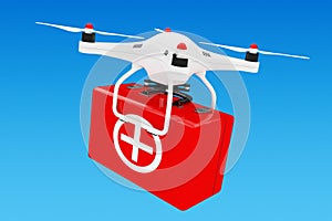 White Quadrocopter Drone with First Aid Kit. 3d Rendering