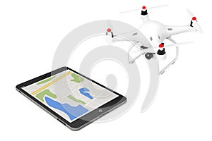White Quadrocopter drone with Photo Camera near Tablet PC. 3d Re