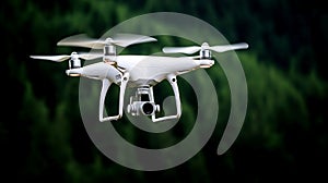 White quadrotor drone hovering with camera in forested background photo