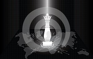 White queen chess figure with world map in the darken. Business leadership, strategy, world wide strategic step, trade war and tax
