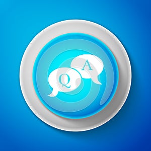 White Question and Answer mark in speech bubble icon isolated on blue background. Q and A symbol. Circle blue button
