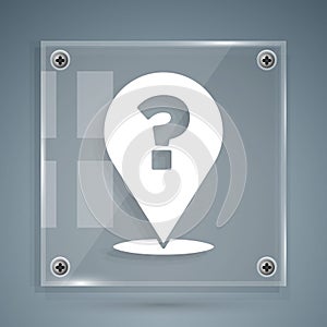 White Question mark icon isolated on grey background. FAQ sign. Copy files, chat speech bubble and chart. Square glass