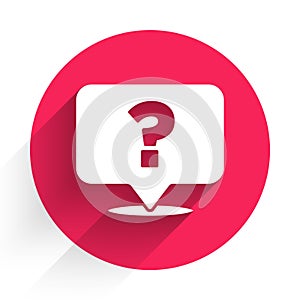 White Question mark icon isolated with long shadow. FAQ sign. Copy files, chat speech bubble and chart. Red circle