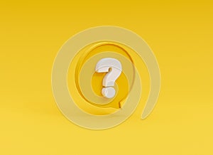 White questions mark illustration inside of yellow speech bubble on yellow background for FAQ and question and answer time by 3d