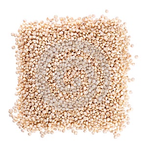 White quinoa seeds isolated on white background. Pile of raw kinwa. Top view.