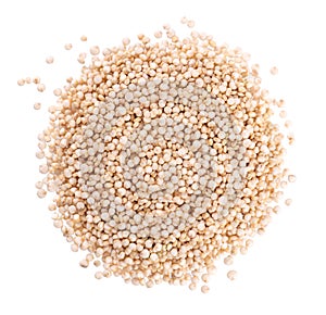 White quinoa seeds isolated on white background. Pile of raw kinwa. Top view.