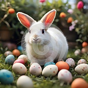 A white rabbit amidst colorful Easter eggs in a vibrant garden setting, symbolizing spring and renewal. Ai-Generated Images