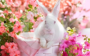 A white rabbit in a baskit among beautifull flowers