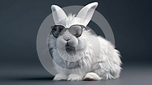 white rabbit with black ears and eyes. Funny fluffy rabbit in sunglasses. Easter bunny