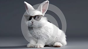 white rabbit with black ears and eyes. Funny fluffy rabbit in sunglasses. Easter bunny