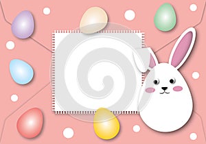 White rabbit with blank square paper and colourful eggs. Holiday illustration for greeting card of Happy Easterâ€™s Day