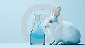 White Rabbit in Laboratory Setting with Blue Liquid in Flask, Cruelty-Free Testing Concept