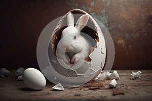 White rabbit in broken white chocolate egg, Easter motif and copy space, Generative AI.