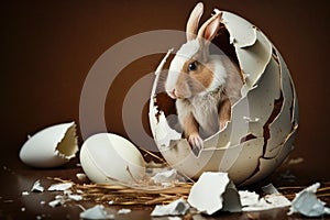 White rabbit in broken white chocolate egg, Easter motif and copy space, Generative AI.