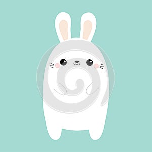 White rabbit bunny. Cute kawaii cartoon character. Funny head face. Big ears. Paw print hands. Happy Easter. Baby greeting card.