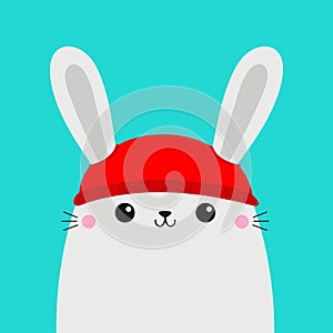 White rabbit bunny hare head face. Red hat. Merry Christmas. Happy New Year. Greeting card. Cute cartoon kawaii baby character.