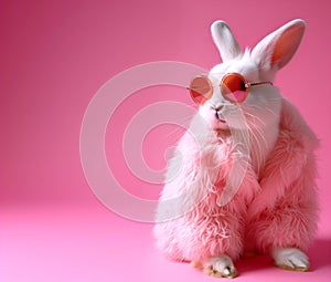 White rabbit bunny hare in luxury wealthy fancy chic luxurious impeccable fur leather fabrics outfits on bright background