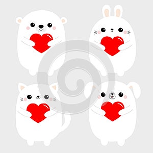 White rabbit cat kitten hare bear dog puppy head face set holding red heart. Happy Valentines Day. Cute cartoon kawaii funny baby