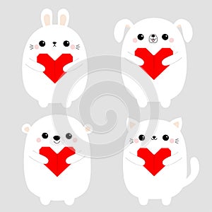 White rabbit cat kitten hare bear dog puppy head face set holding red origami paper heart. Happy Valentines Day. Cute cartoon