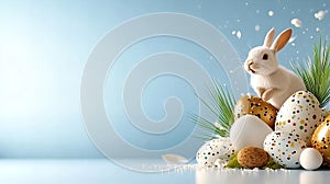 White rabbit with colorful easter eggs and greenery on light blue background