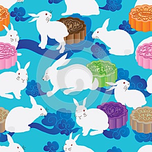 White rabbit colorful moon cake seamless pattern