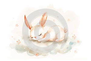 A white rabbit is curled up, sleeping peacefully on a fluffy cloud in the sky. It looks cozy and content in its slumber