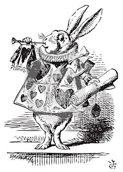 White Rabbit, dressed as a herald, blowing trumpet - Alice`s Adventures in Wonderland original vintage engraving