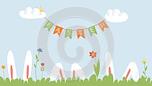 White rabbit ears in green grass. Easter bunny spring festive background. Garden meadow with flowers, seasonal vector