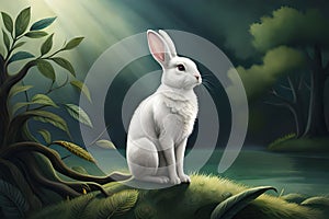 white rabbit in a forest. digital art illustration. fantasy landscape background