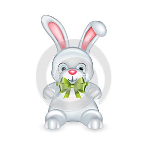 White rabbit with green bow isolated o white