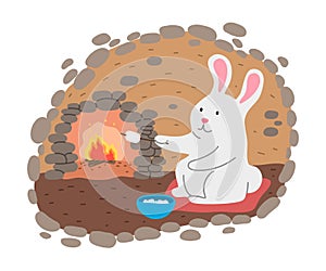 White rabbit grilling marshmallows on fire in his cosy burrow