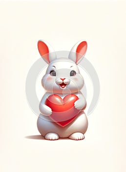 White Rabbit Holding Heart, Valentines day concept. Soft Color Illustration