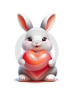 White Rabbit Holding Heart, Valentines day concept. Soft Color Illustration