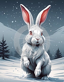 White rabbit hops swiftly through the snowy field. Tshirt design. Ready to print