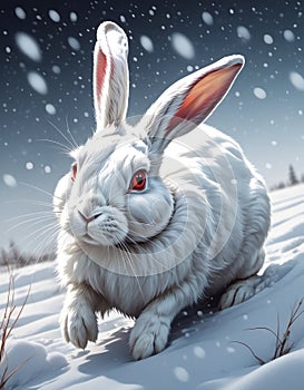 White rabbit hops swiftly through the snowy field. Tshirt design. Ready to print