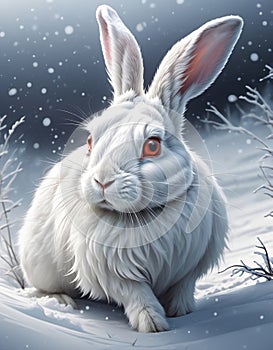 White rabbit hops swiftly through the snowy field. Tshirt design. Ready to print