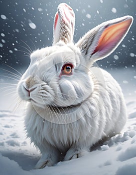 White rabbit hops swiftly through the snowy field. Tshirt design. Ready to print