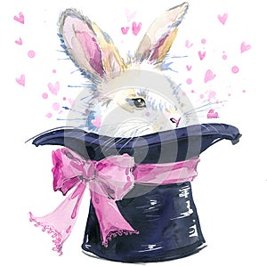 White rabbit illustration with splash watercolor textured background. unusual illustration