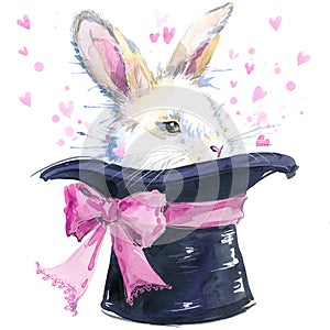 White rabbit illustration with splash watercolor textured background. unusual illustration photo