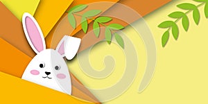 White rabbit with leaf on yellow and orange background. Holiday illustration for greeting card of Happy Easterâ€™s Day