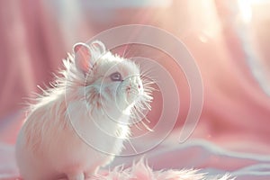A white rabbit with long fur is sitting on a pink surface. Generative AI