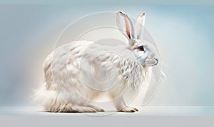 a white rabbit with long hair and a white face is standing in front of a light blue background and has a long, fluffy coat of fur