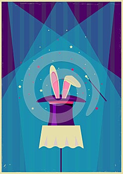 White rabbit in magical hat.Vector old poster of magic show
