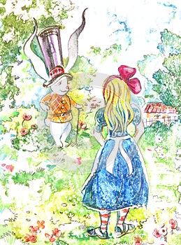 white rabbit meets Alice colorful fairytale illustration